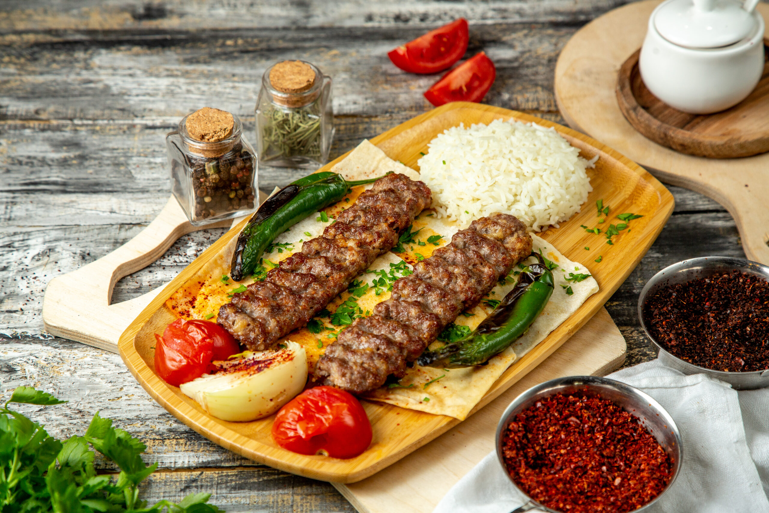 lula kebab  vegetablera  rice  side view
